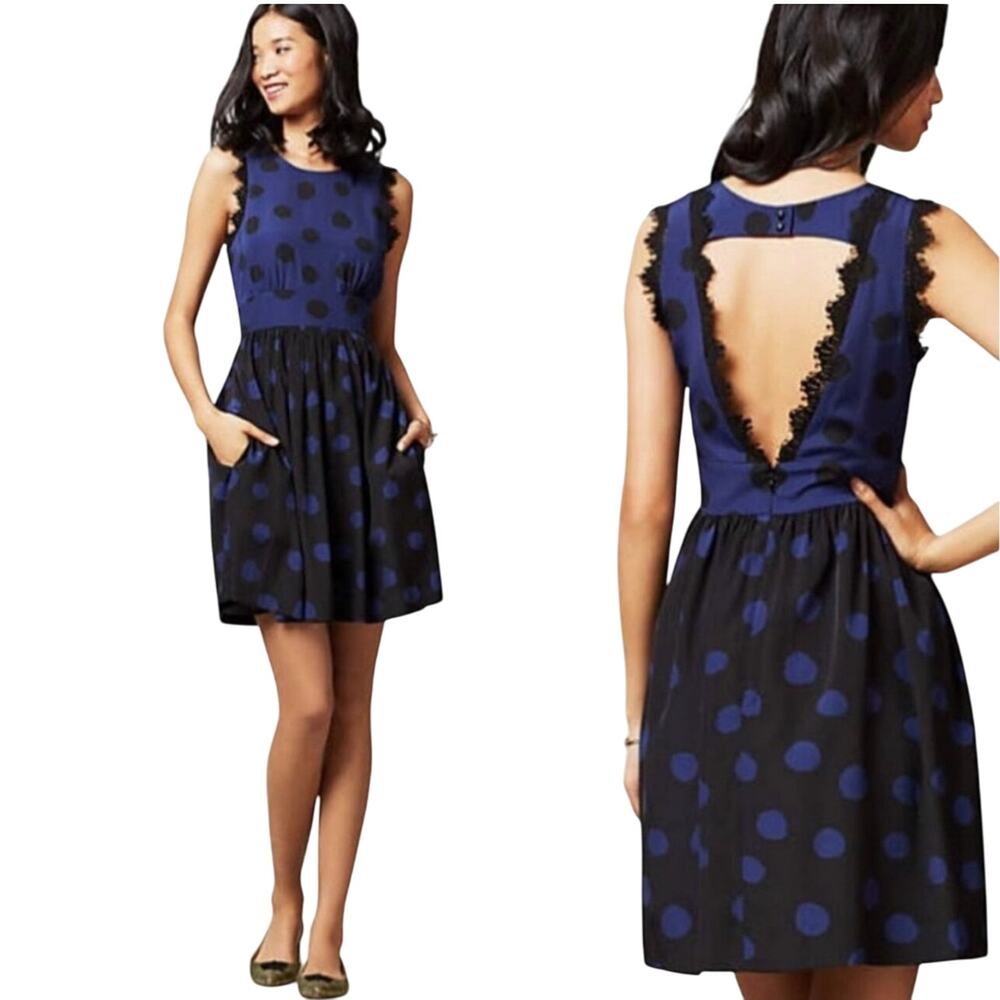 ANTHROPOLOGIE COREY LYNN CALTER Blue Polkadot Lace Trim Mini Dress
